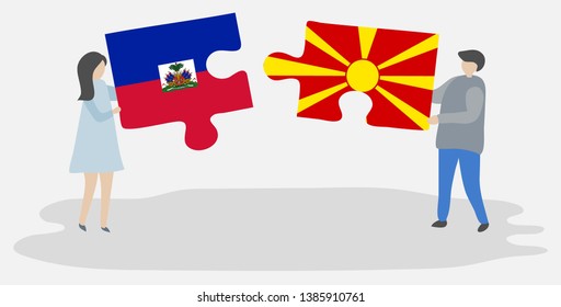Couple holding two puzzles pieces with Haitian and Macedonian flags. Haiti and Macedonia national symbols together.