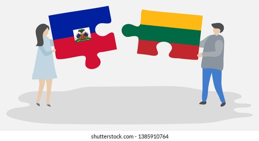 Couple holding two puzzles pieces with Haitian and Lithuanian flags. Haiti and Lithuania national symbols together.