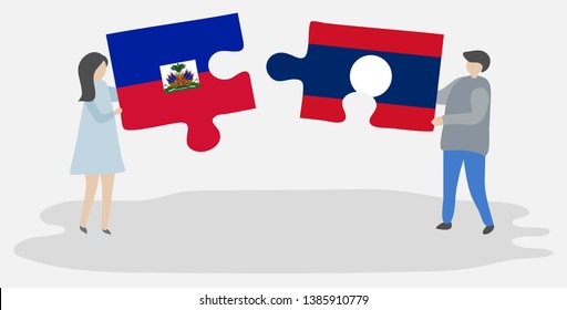 Couple holding two puzzles pieces with Haitian and Lao flags. Haiti and Laos national symbols together.