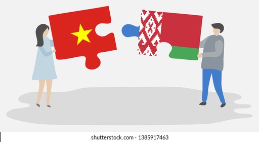 Couple holding two puzzles pieces with Vietnamese and Belarusian flags. Vietnam and Belarus national symbols together.