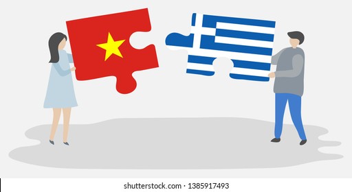 Couple holding two puzzles pieces with Vietnamese and Greek flags. Vietnam and Greece national symbols together.