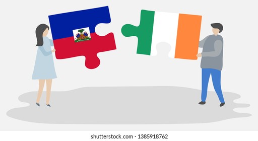 Couple holding two puzzles pieces with Haitian and Irish flags. Haiti and Ireland national symbols together.