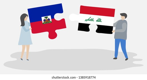 Couple holding two puzzles pieces with Haitian and Iraqi flags. Haiti and Iraq national symbols together.