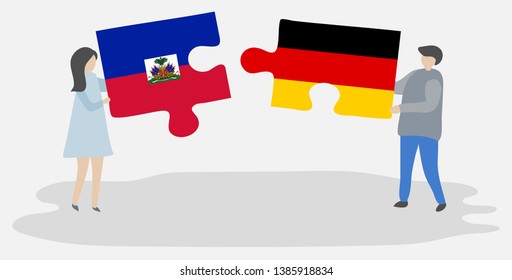 Couple holding two puzzles pieces with Haitian and German flags. Haiti and Germany national symbols together.