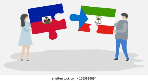 Couple holding two puzzles pieces with Haitian and Equatorial Guinean flags. Haiti and Equatorial Guinea national symbols together.