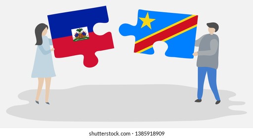 Couple holding two puzzles pieces with Haitian and Congolese flags. Haiti and Democratic Republic of the Congo national symbols together.