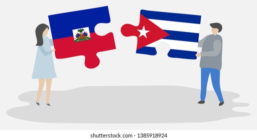 Couple holding two puzzles pieces with Haitian and Cuban flags. Haiti and Cuba national symbols together.