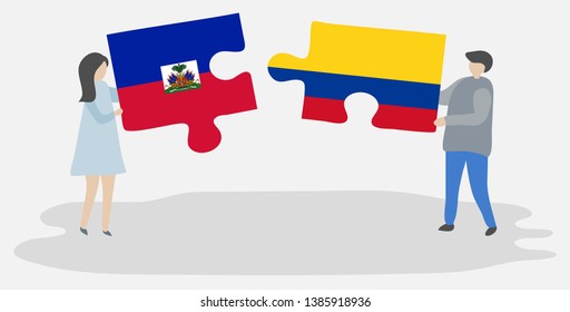 Couple holding two puzzles pieces with Haitian and Colombian flags. Haiti and Colombia national symbols together.