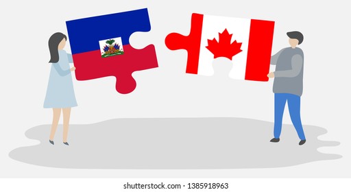 Couple holding two puzzles pieces with Haitian and Canadian flags. Haiti and Canada national symbols together.