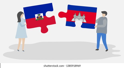 Couple holding two puzzles pieces with Haitian and Cambodian flags. Haiti and Cambodia national symbols together.