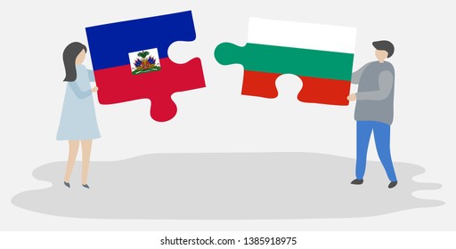Couple holding two puzzles pieces with Haitian and Bulgarian flags. Haiti and Bulgaria national symbols together.