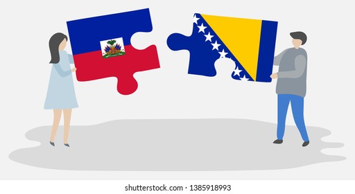 Couple holding two puzzles pieces with Haitian and Bosnian flags. Haiti and Bosnia and Herzegovina national symbols together.