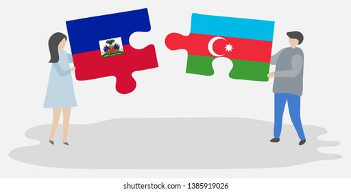 Couple holding two puzzles pieces with Haitian and Azerbaijani flags. Haiti and Azerbaijan national symbols together.