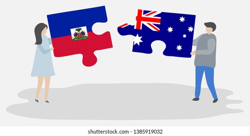 Couple holding two puzzles pieces with Haitian and Australian flags. Haiti and Australia national symbols together.