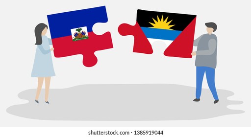 Couple holding two puzzles pieces with Haitian and Antiguan flags. Haiti and Antigua and Barbuda national symbols together.