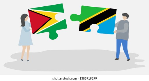Couple holding two puzzles pieces with Guyanese and Tanzanian flags. Guyana and Tanzania national symbols together.