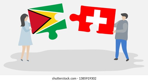 Couple holding two puzzles pieces with Guyanese and Swiss flags. Guyana and Switzerland national symbols together.