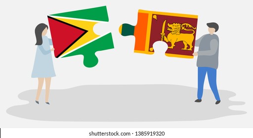 Couple holding two puzzles pieces with Guyanese and Sri Lankan flags. Guyana and Sri Lanka national symbols together.
