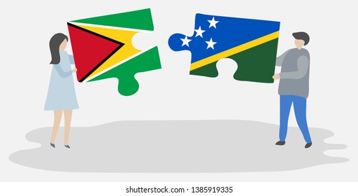 Couple holding two puzzles pieces with Guyanese and Solomon Island flags. Guyana and Solomon Islands national symbols together.