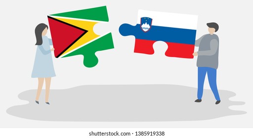 Couple holding two puzzles pieces with Guyanese and Slovenian flags. Guyana and Slovenia national symbols together.