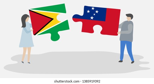 Couple Holding Two Puzzles Pieces With Guyanese And Samoan Flags. Guyana And Samoa National Symbols Together.