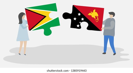 Couple holding two puzzles pieces with Guyanese and Papuan flags. Guyana and Papua New Guinea national symbols together.