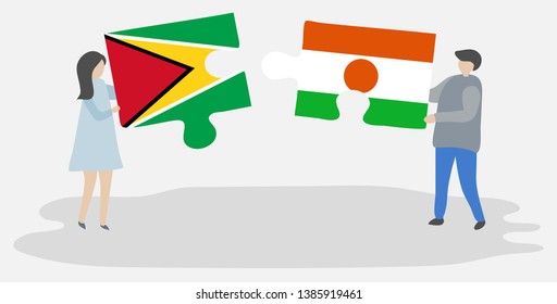 Couple holding two puzzles pieces with Guyanese and Nigerien flags. Guyana and Niger national symbols together.