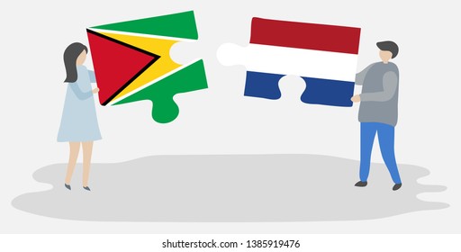 Couple holding two puzzles pieces with Guyanese and Dutch flags. Guyana and Netherlands national symbols together.