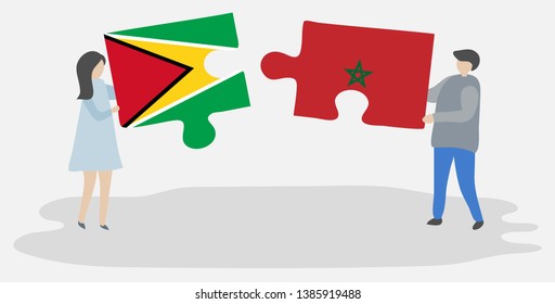 Couple holding two puzzles pieces with Guyanese and Moroccan flags. Guyana and Morocco national symbols together.