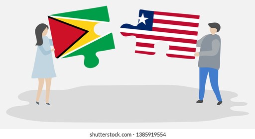 Couple holding two puzzles pieces with Guyanese and Liberian flags. Guyana and Liberia national symbols together.
