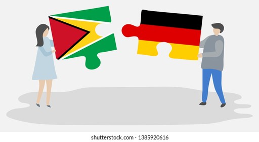 Couple holding two puzzles pieces with Guyanese and German flags. Guyana and Germany national symbols together.