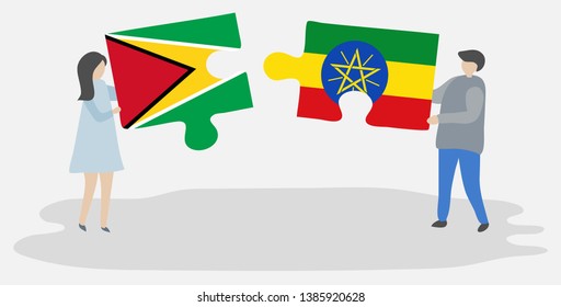 Couple holding two puzzles pieces with Guyanese and Ethiopian flags. Guyana and Ethiopia national symbols together.