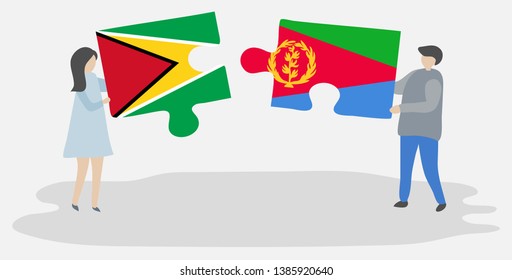 Couple holding two puzzles pieces with Guyanese and Eritrean flags. Guyana and Eritrea national symbols together.