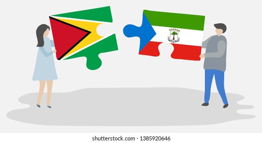 Couple holding two puzzles pieces with Guyanese and Equatorial Guinean flags. Guyana and Equatorial Guinea national symbols together.