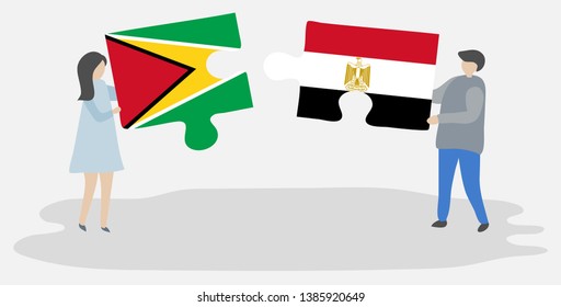 Couple holding two puzzles pieces with Guyanese and Egyptian flags. Guyana and Egypt national symbols together.