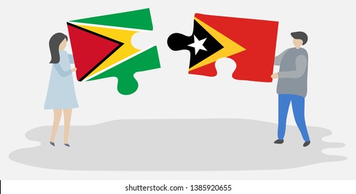 Couple holding two puzzles pieces with Guyanese and Timorese flags. Guyana and East Timor national symbols together.