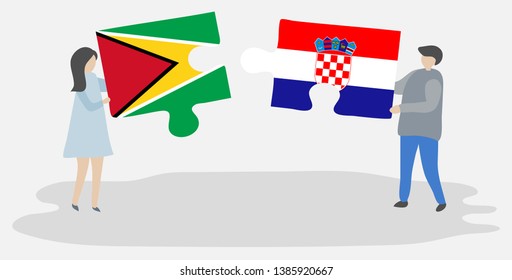 Couple holding two puzzles pieces with Guyanese and Croatian flags. Guyana and Croatia national symbols together.