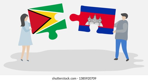 Couple holding two puzzles pieces with Guyanese and Cambodian flags. Guyana and Cambodia national symbols together.