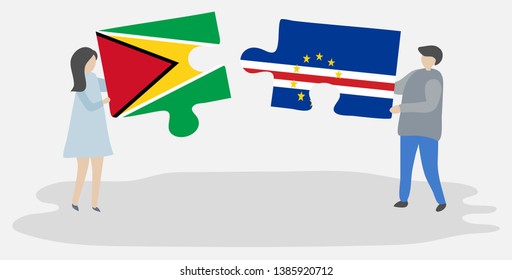 Couple holding two puzzles pieces with Guyanese and Cabo Verdean flags. Guyana and Cape Verde national symbols together.