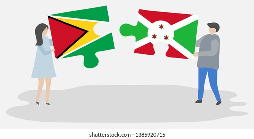Couple holding two puzzles pieces with Guyanese and Burundian flags. Guyana and Burundi national symbols together.