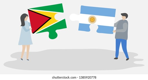 Couple holding two puzzles pieces with Guyanese and Argentine flags. Guyana and Argentina national symbols together.