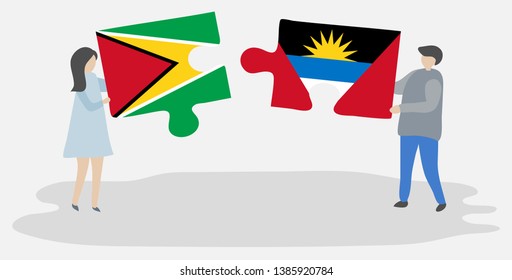 Couple holding two puzzles pieces with Guyanese and Antiguan flags. Guyana and Antigua and Barbuda national symbols together.