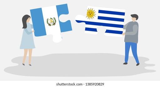 Couple holding two puzzles pieces with Guatemalan and Uruguayan flags. Guatemala and Uruguay national symbols together.