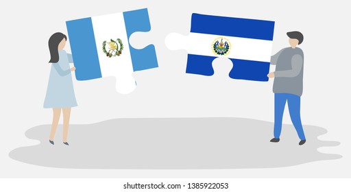 Couple holding two puzzles pieces with Guatemalan and Salvadoran flags. Guatemala and El Salvador national symbols together.