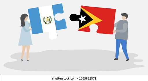 Couple holding two puzzles pieces with Guatemalan and Timorese flags. Guatemala and East Timor national symbols together.