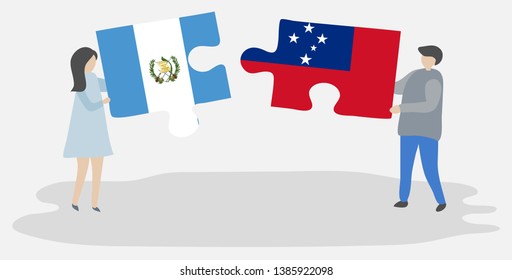 Couple Holding Two Puzzles Pieces With Guatemalan And Samoan Flags. Guatemala And Samoa National Symbols Together.