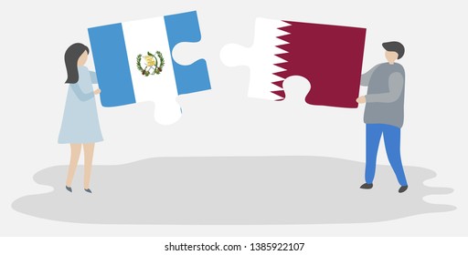 Couple holding two puzzles pieces with Guatemalan and Qatari flags. Guatemala and Qatar national symbols together.