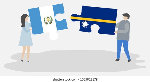 Couple holding two puzzles pieces with Guatemalan and Nauruan flags. Guatemala and Nauru national symbols together.