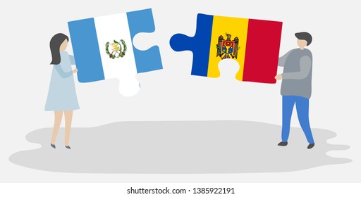 Couple holding two puzzles pieces with Guatemalan and Moldovan flags. Guatemala and Moldova national symbols together.