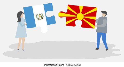 Couple holding two puzzles pieces with Guatemalan and Macedonian flags. Guatemala and Macedonia national symbols together.